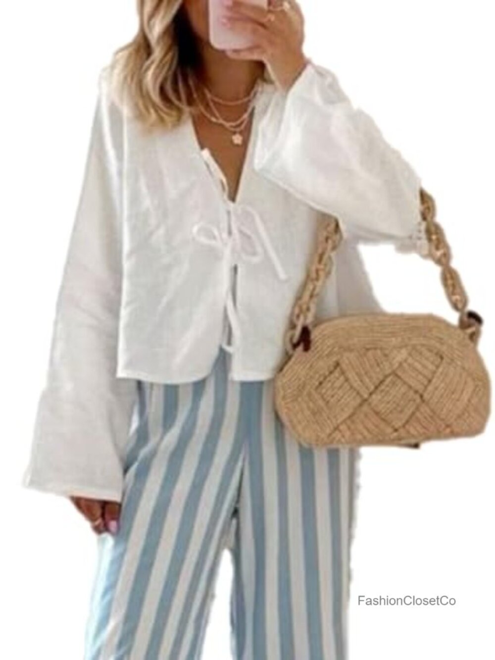 Tie Front Linen Crop Top Women Y2K V Neck Flare Sleeve Blouse
